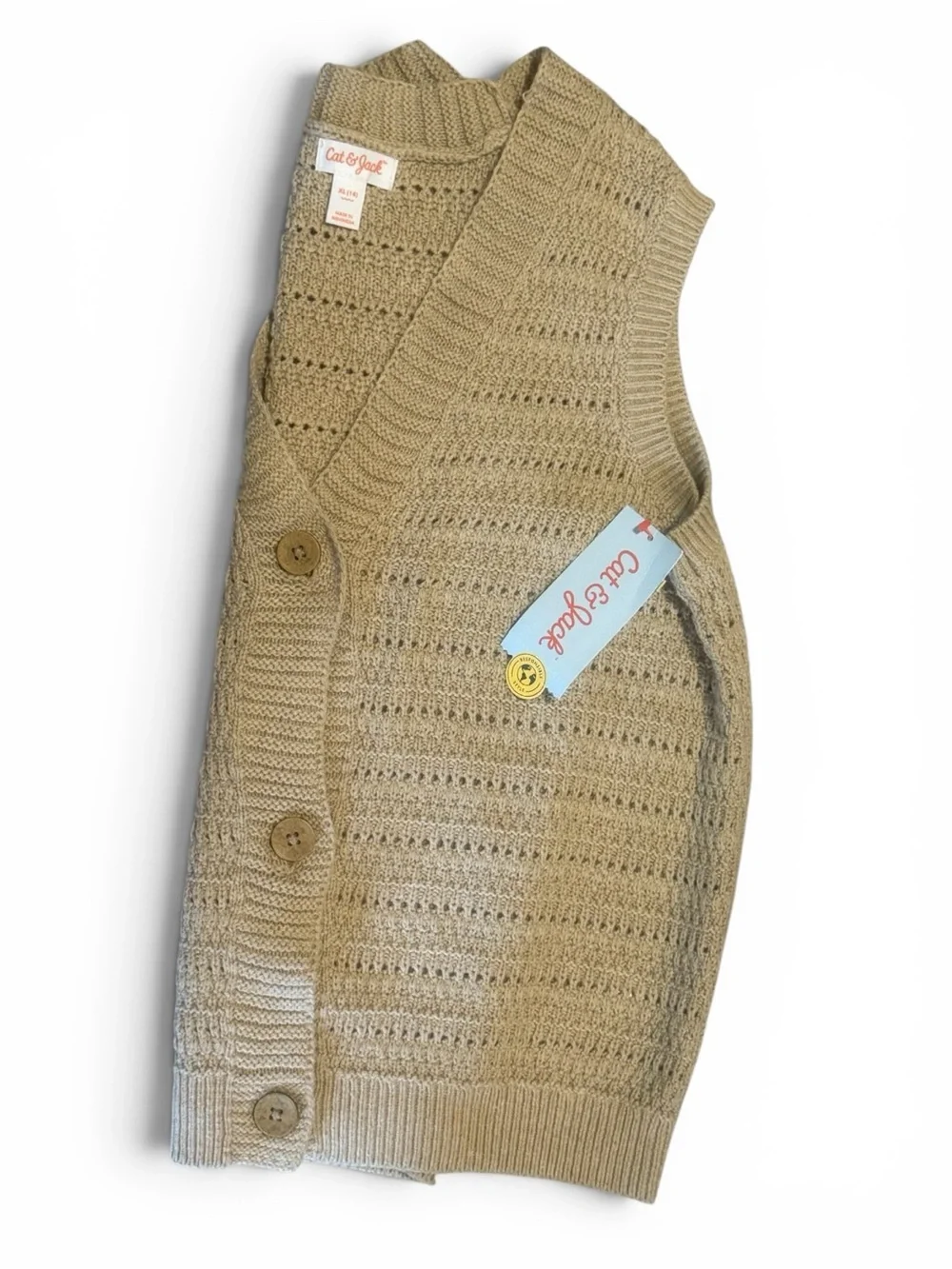 NWT Girl’s Cat & Jack Knit Button Up Vest XL 14 Tan
